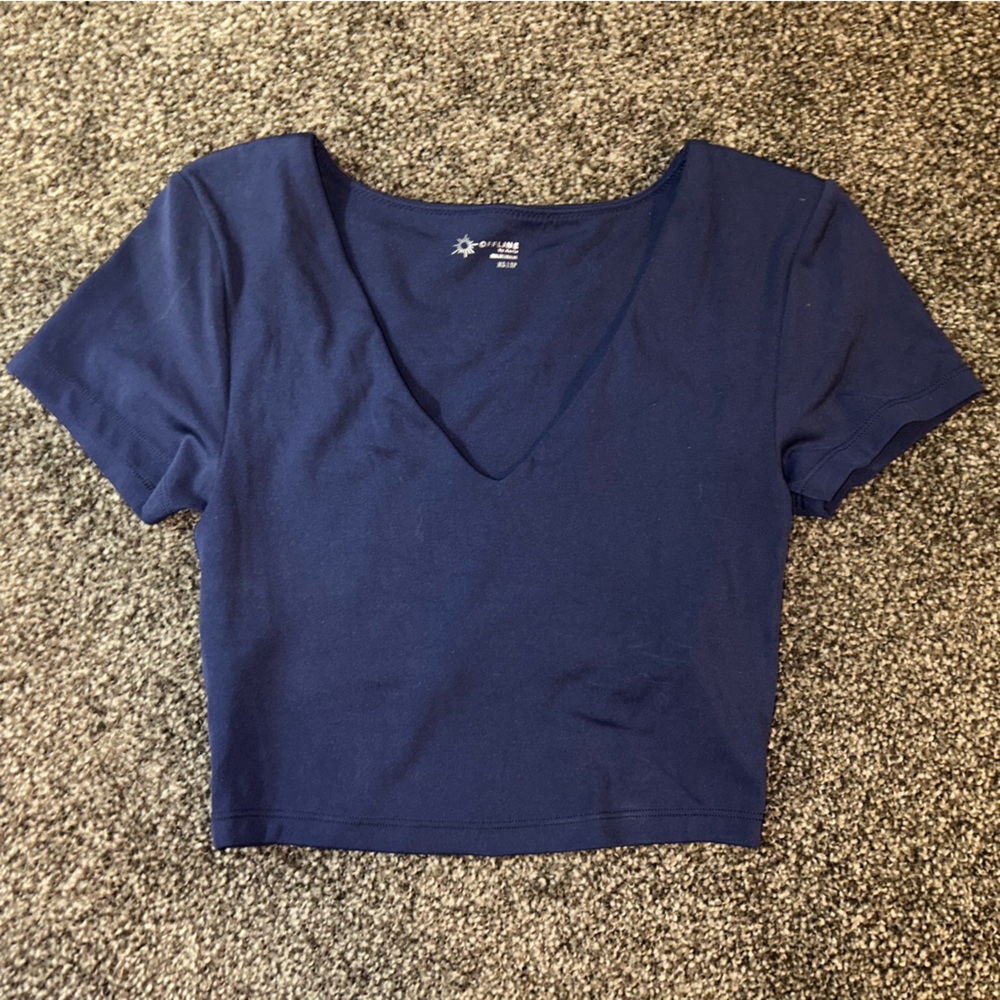 Aerie Offline Built in Bra Women's Navy Blue V-Neck Cropped Workout Top